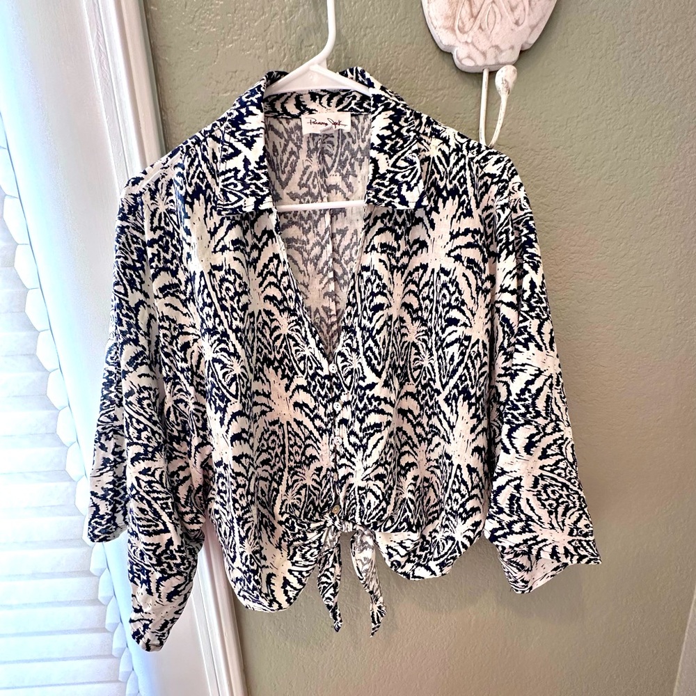 Panama Jack Navy & White Palm Tree Linen tie front blouse Size L